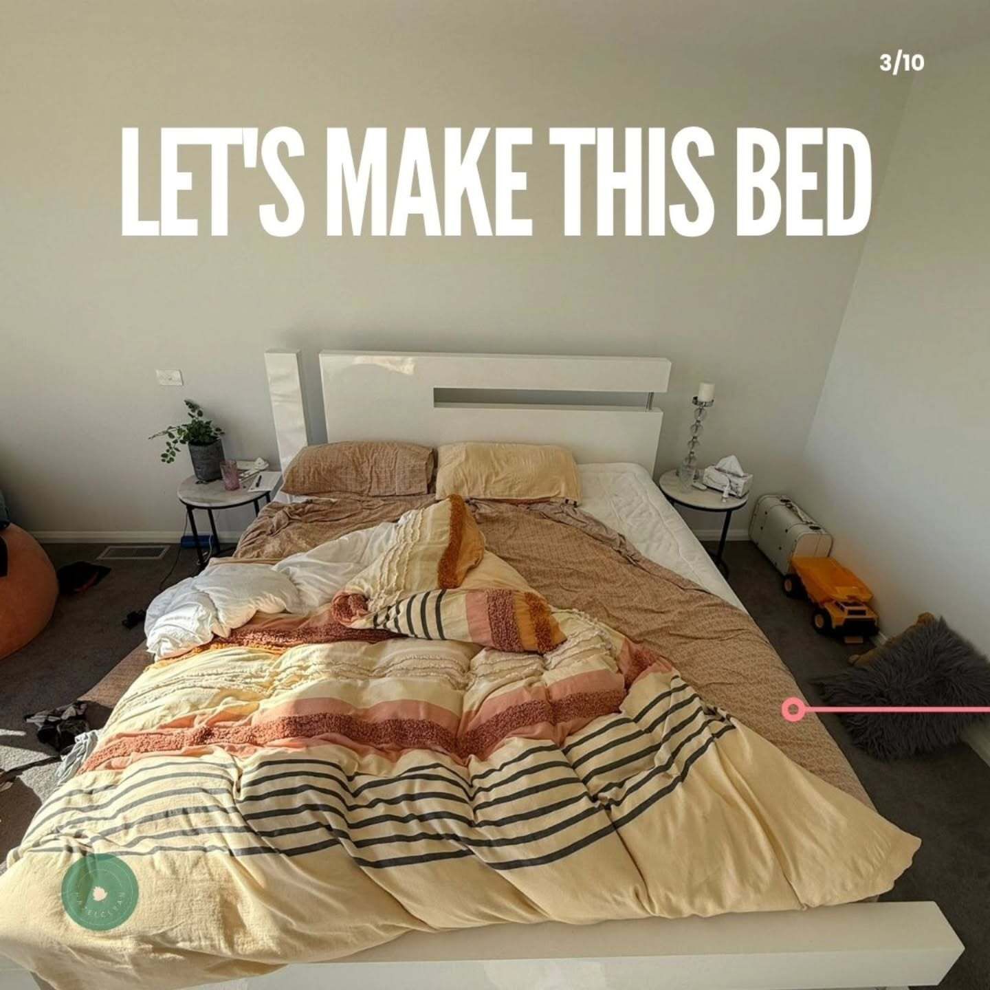 A bedroom with a bed and the words let 's make this bed