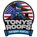 Logo: Blue ninja carrying lumber on a roof with a US flag background. "Tony's Roofs" text.