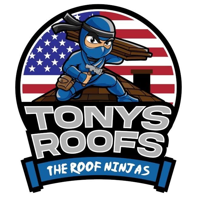 Logo: Blue ninja carrying lumber on a roof with a US flag background. "Tony's Roofs" text.