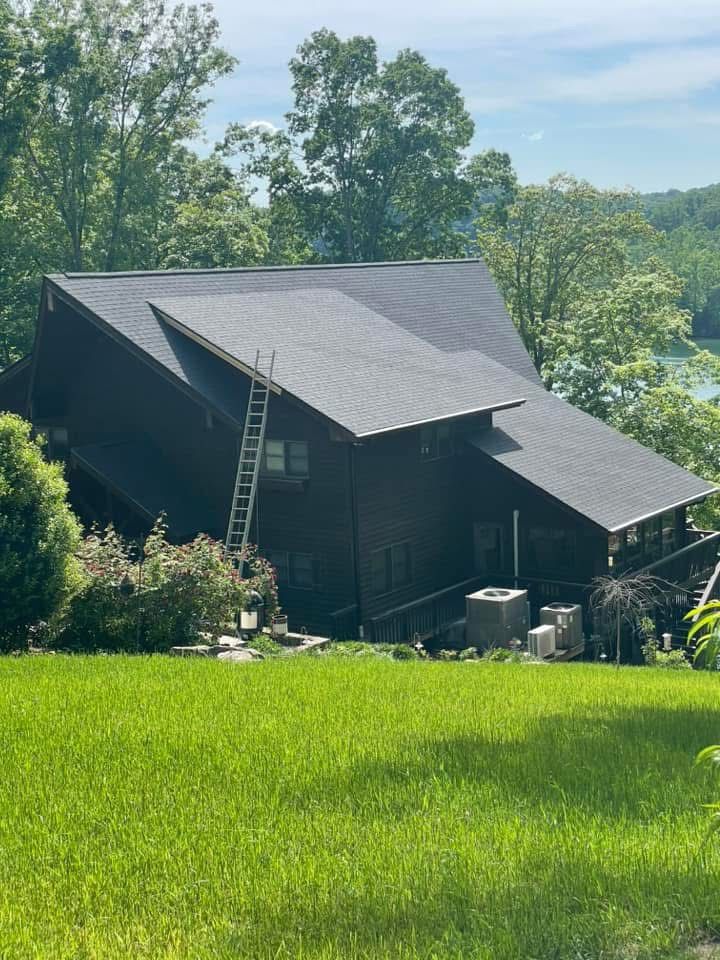 Black house with dark roof and ladder on the side, set on a grassy hill surrounded by trees.