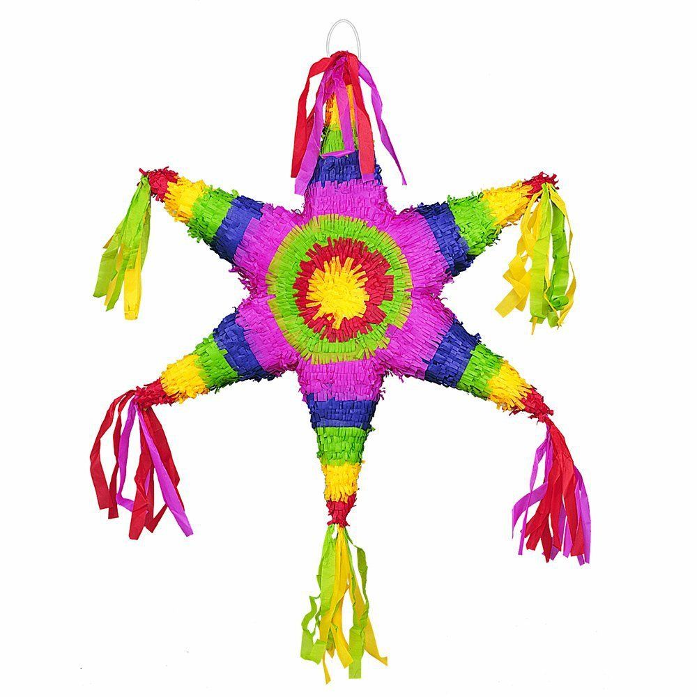 Colorful star-shaped piñata with rainbow stripes and streamers, hanging.