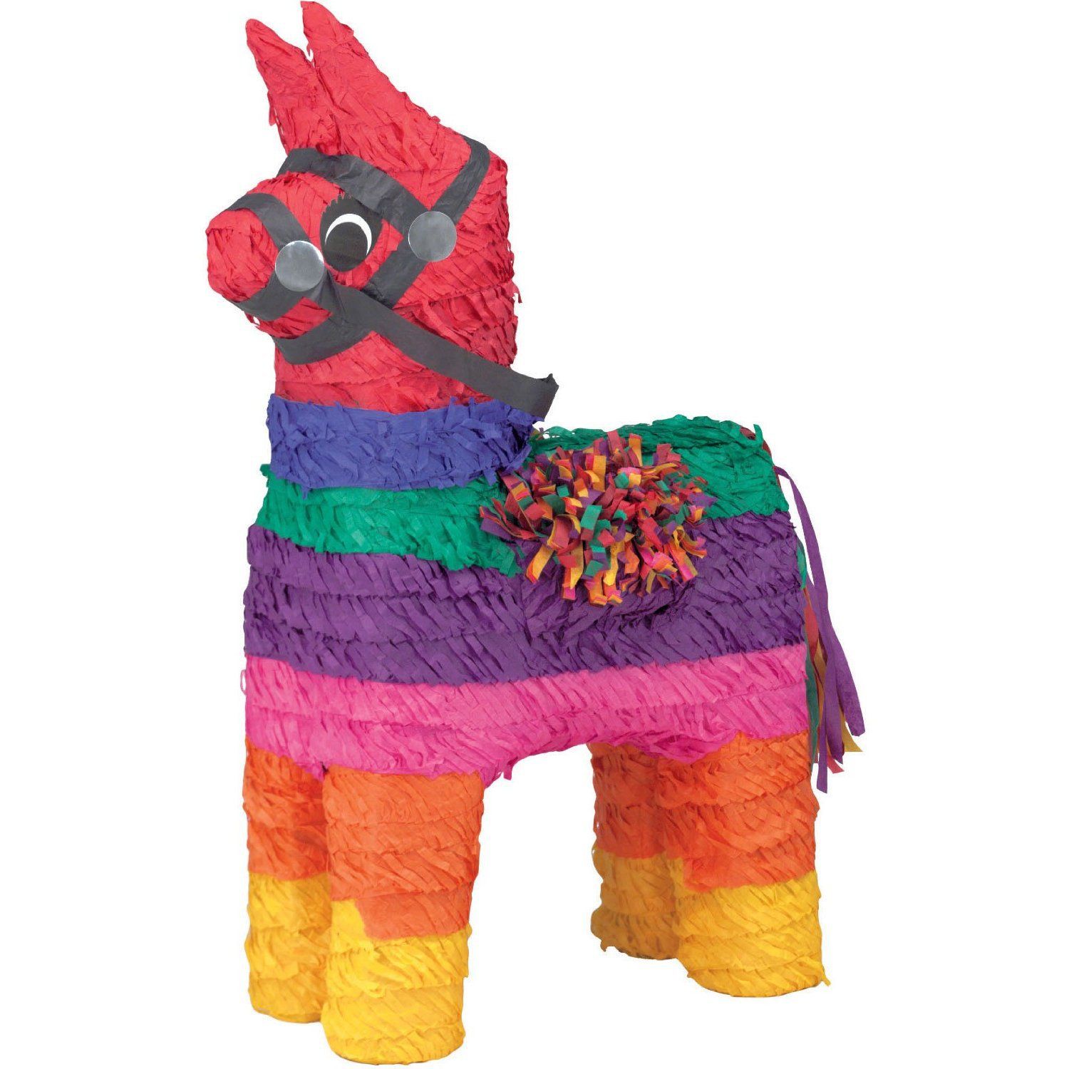 Colorful donkey piñata with red head, rainbow body, and tassel tail.