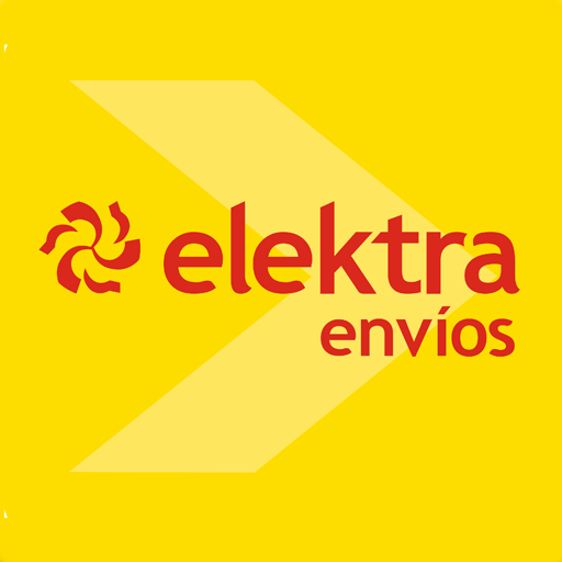Elektra envíos logo, red text and symbol on a yellow background, featuring an upward pointing light yellow arrow.