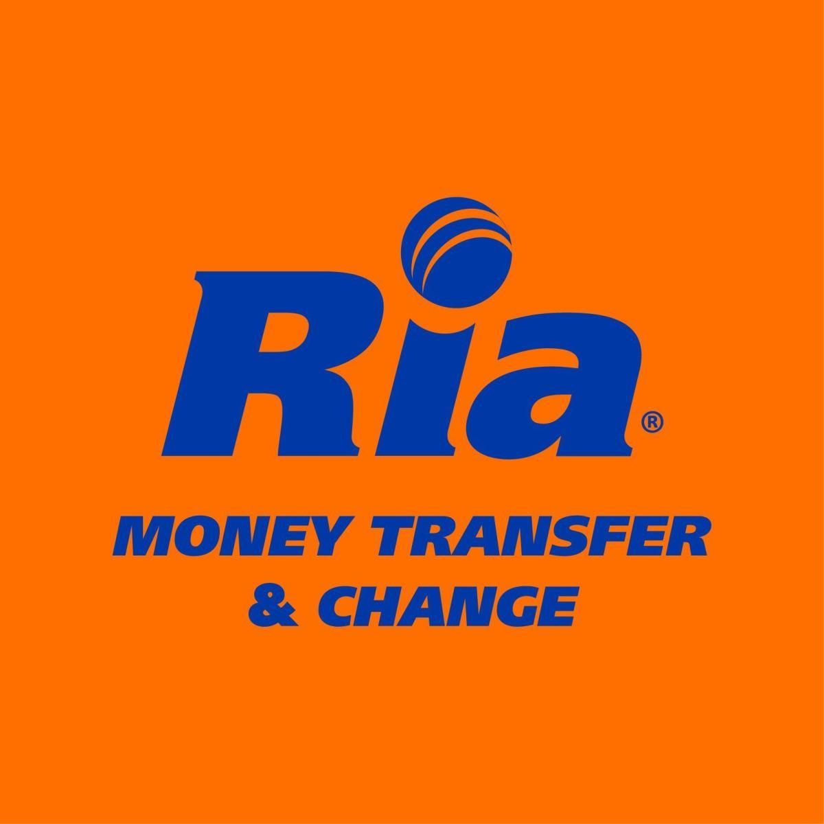 Ria money transfer logo on orange background; blue text and globe icon.