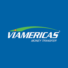 Via Americas money transfer logo: White text on blue background. Green arc over the word 