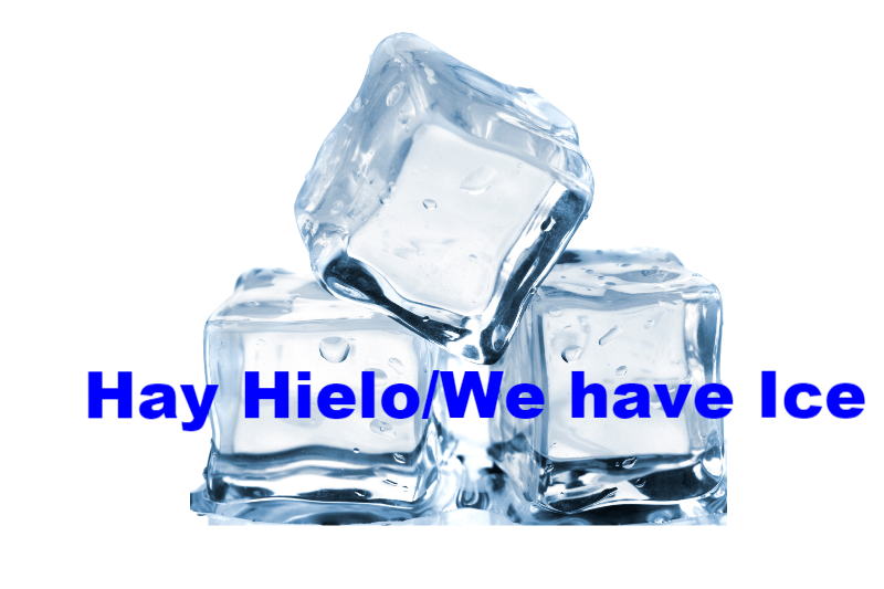 Three ice cubes, text in blue: