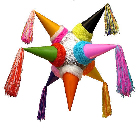 Colorful star-shaped piñata with cone-shaped points and yarn tassels.