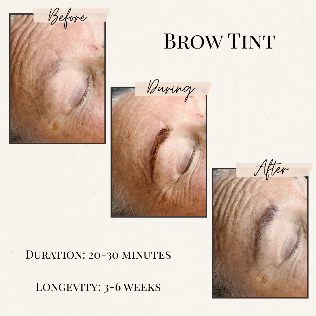 Before, during, and after images of eyebrow tinting on a person's face. The eyebrows appear darker and defined in the 