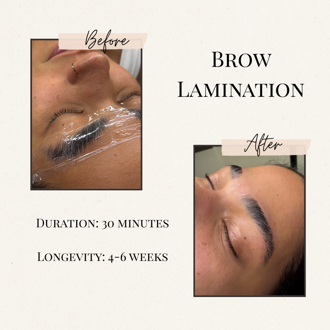 Brow lamination before and after. Angled face view. Duration: 30 minutes. Longevity: 4-6 weeks.