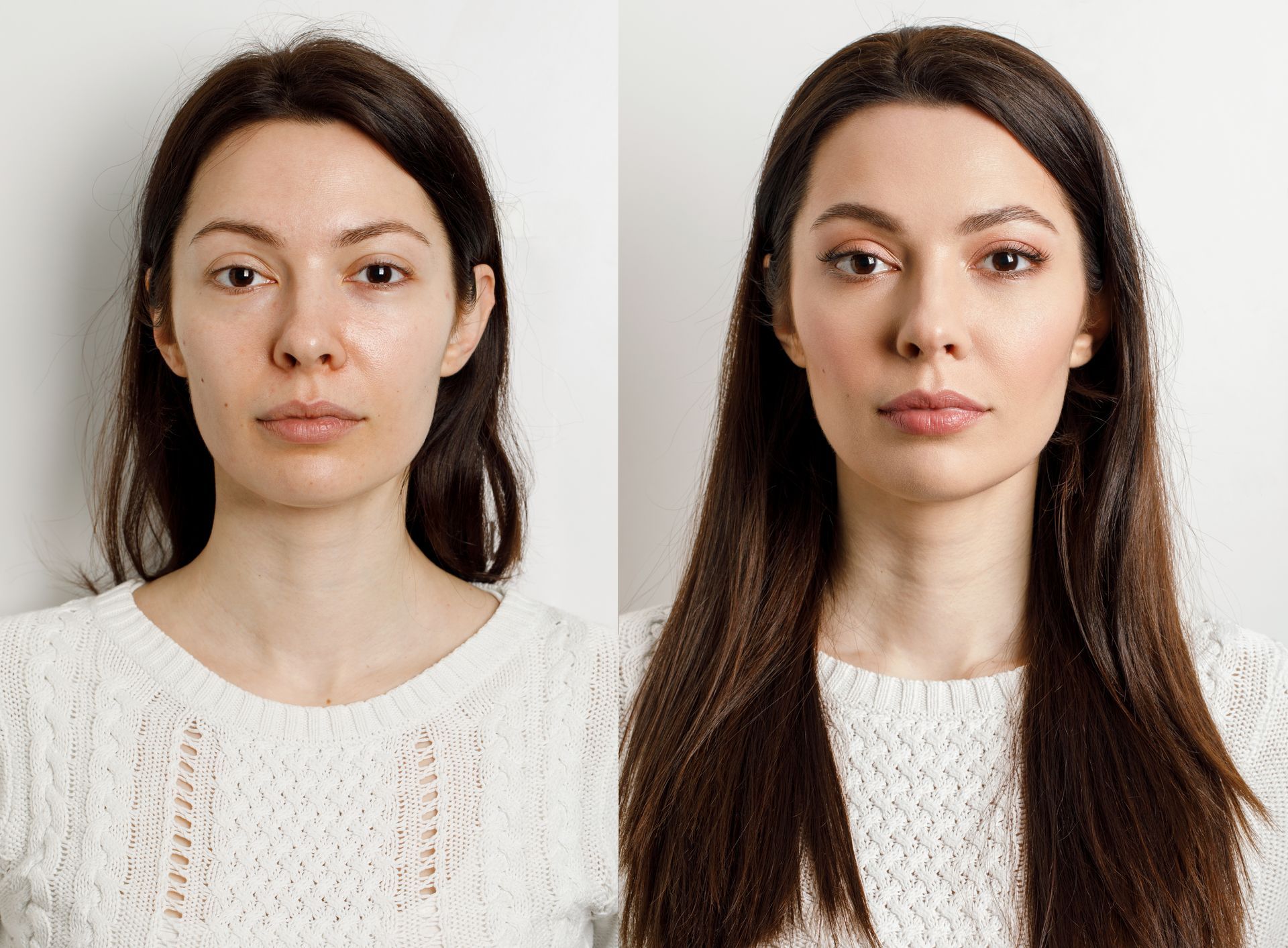 A before and after photo of a woman after cheek contouring.