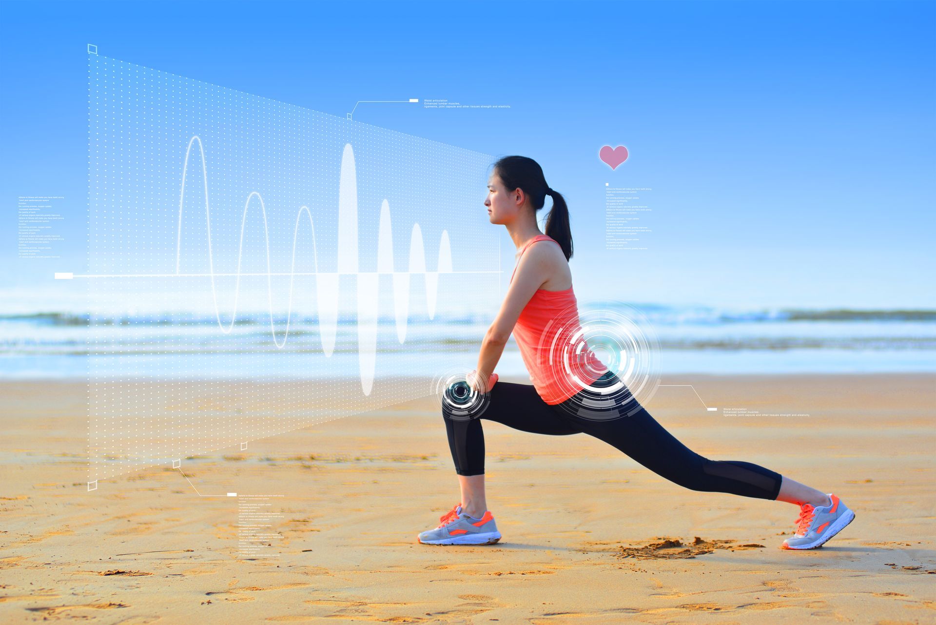 A woman is stretching her legs on the beach.