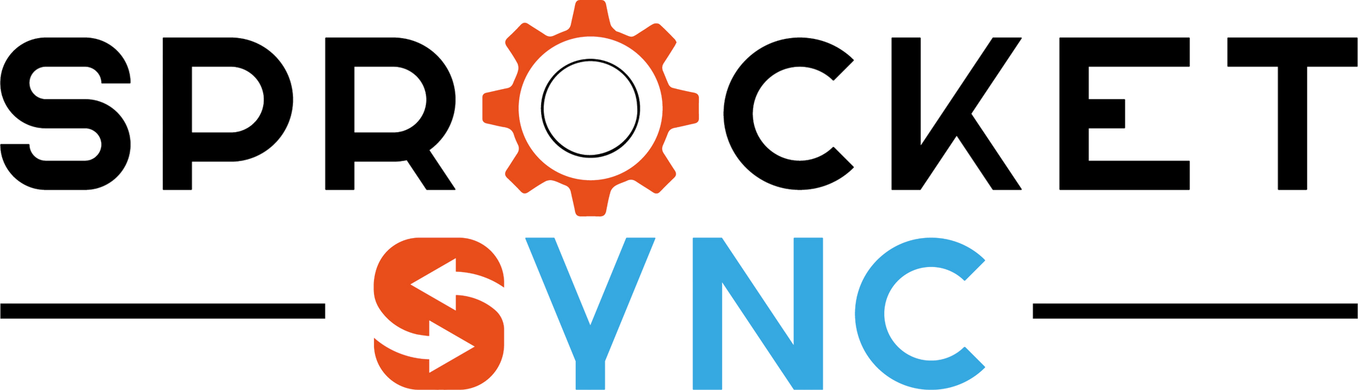 A logo for sprocket sync with a gear in the middle.