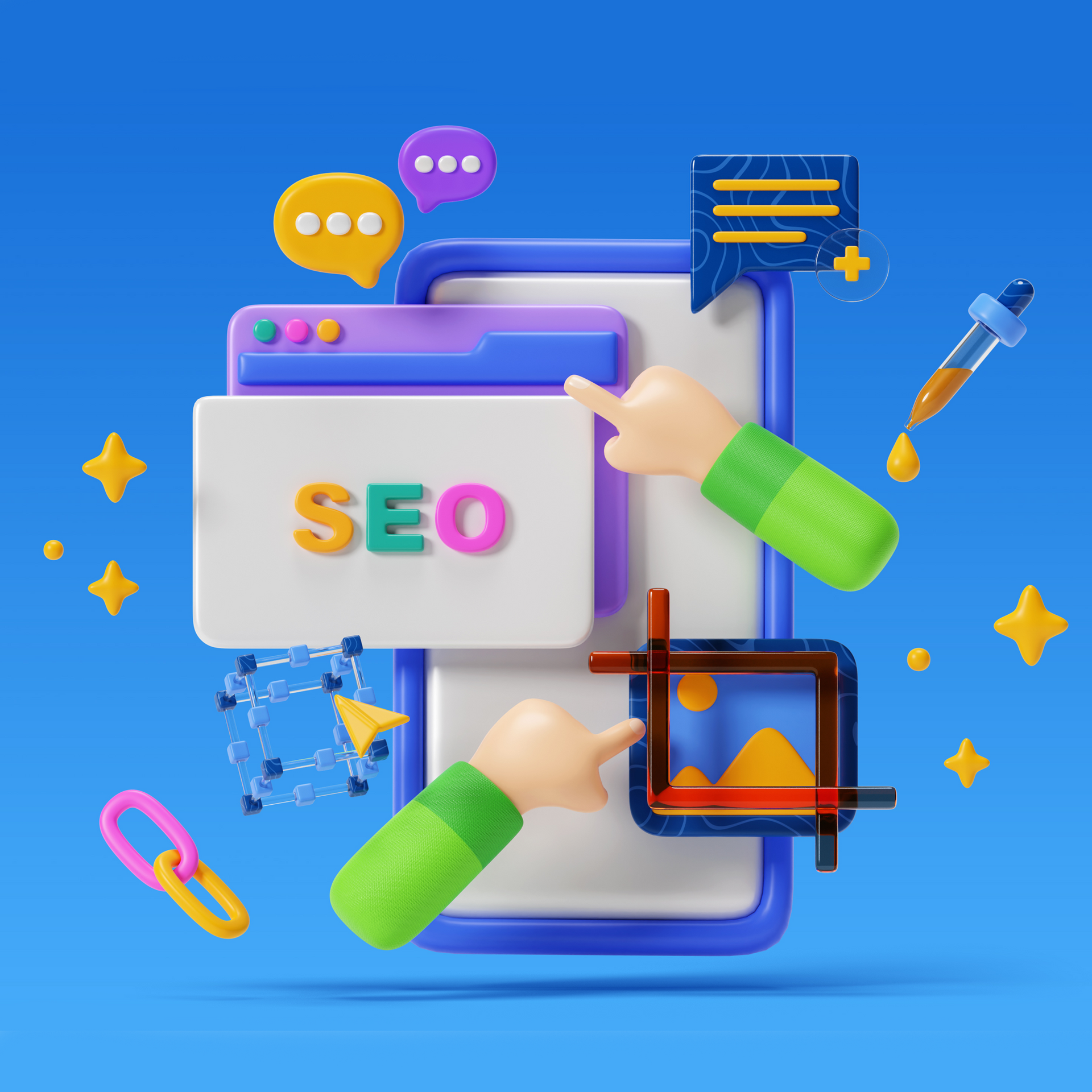 A 3d illustration of a cell phone with a screen that says seo.