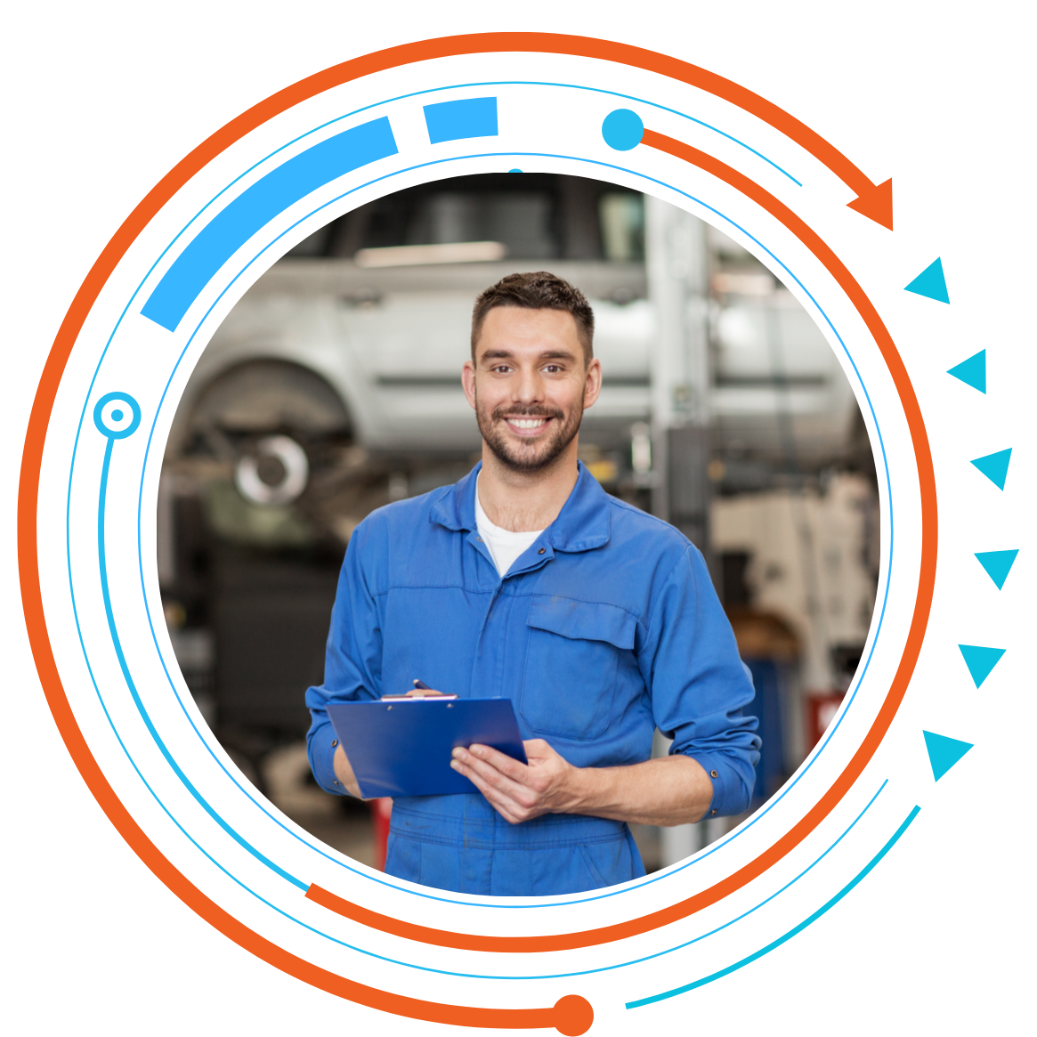 A man in a blue jumpsuit is holding a clipboard in a garage.