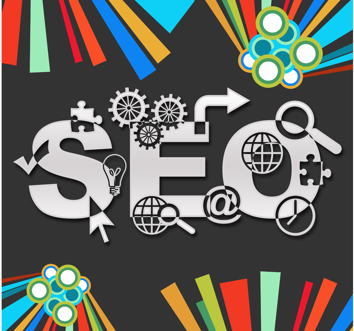 The word seo is surrounded by gears and puzzle pieces