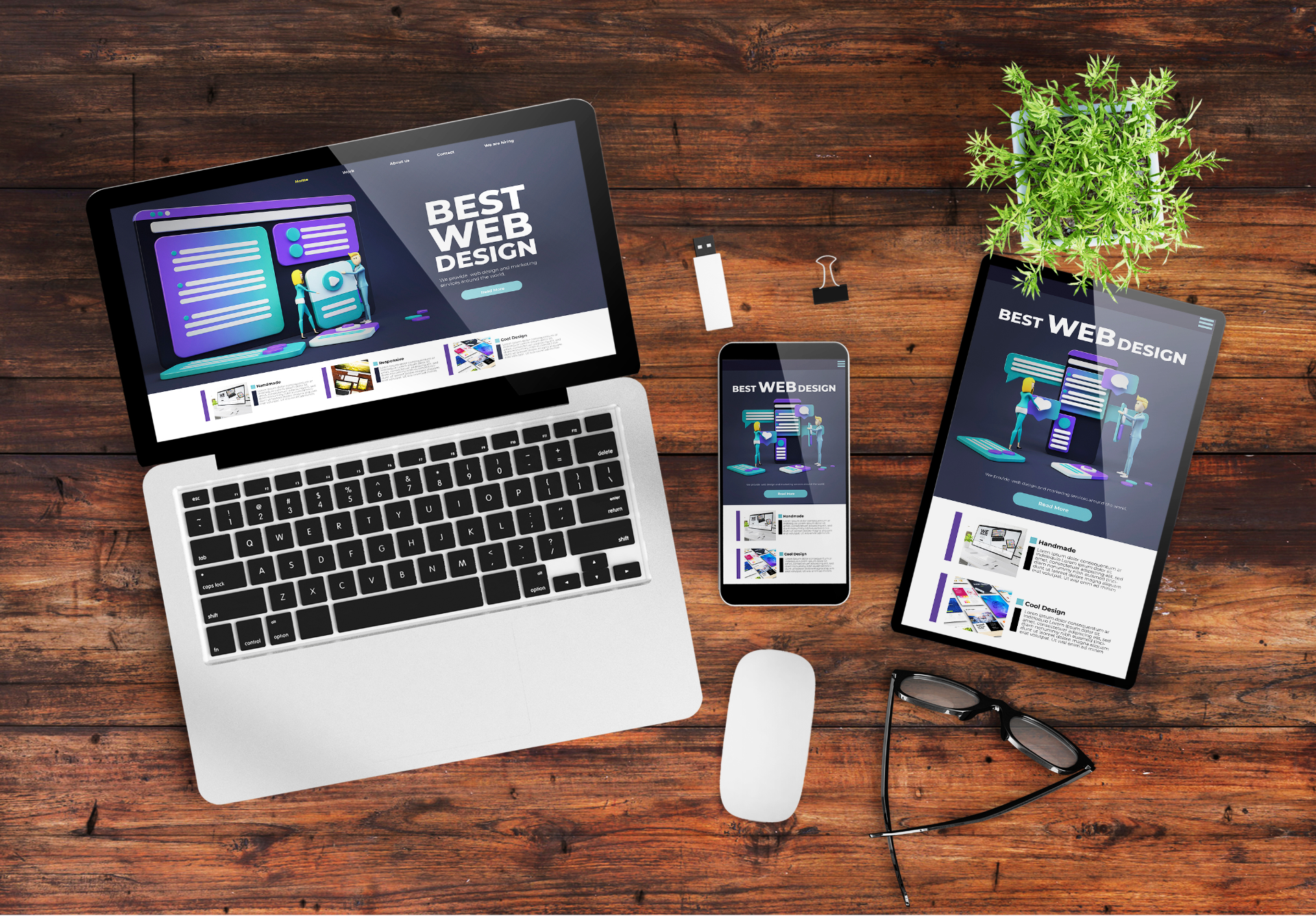 A laptop , cell phone , tablet and mouse are on a wooden table.