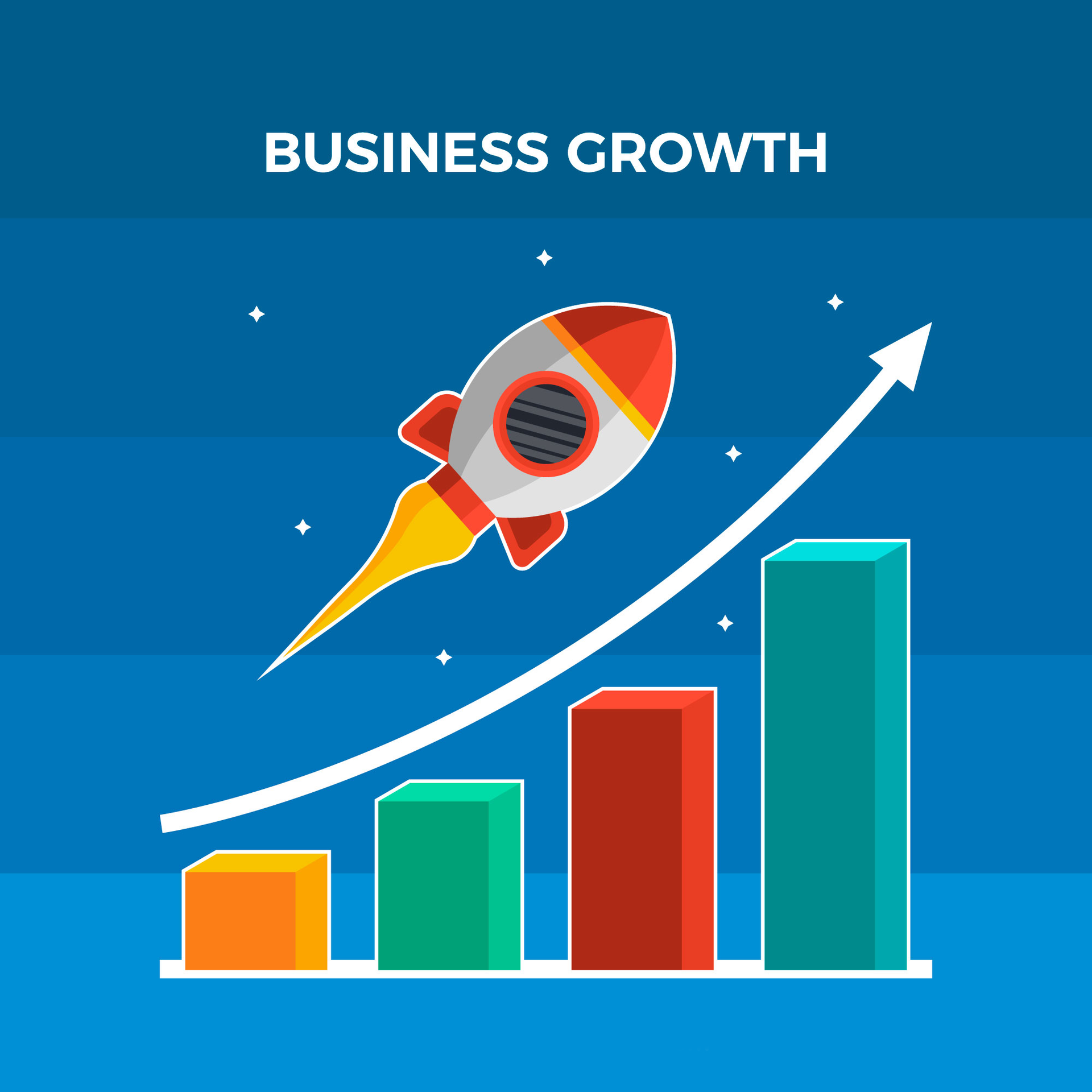 A rocket is flying over a graph showing business growth.