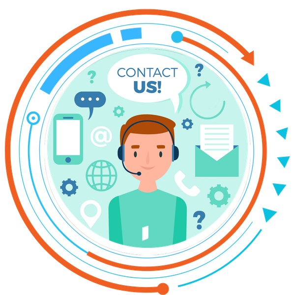 A man wearing a headset is surrounded by icons and a speech bubble that says `` contact us ''.