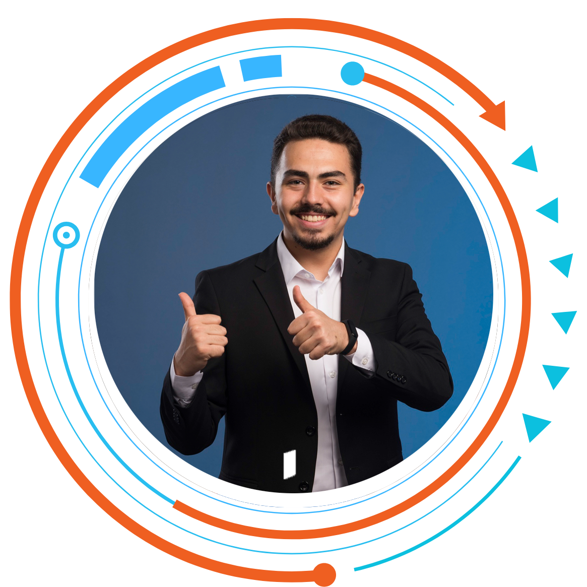 A man in a suit is giving a thumbs up in a circle.