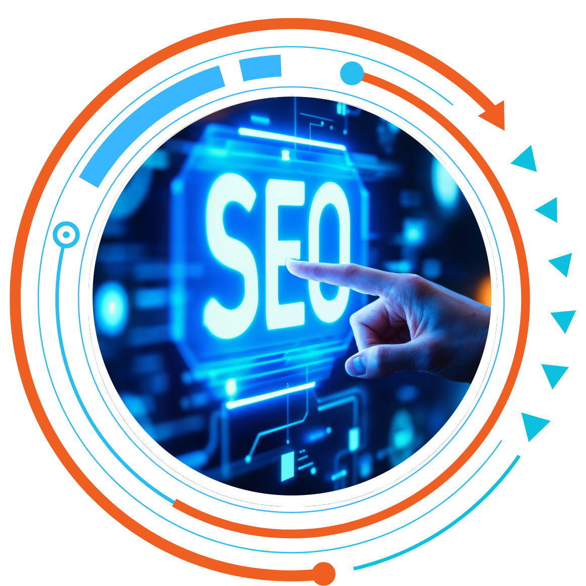 A person is pointing at a screen with the word seo on it.