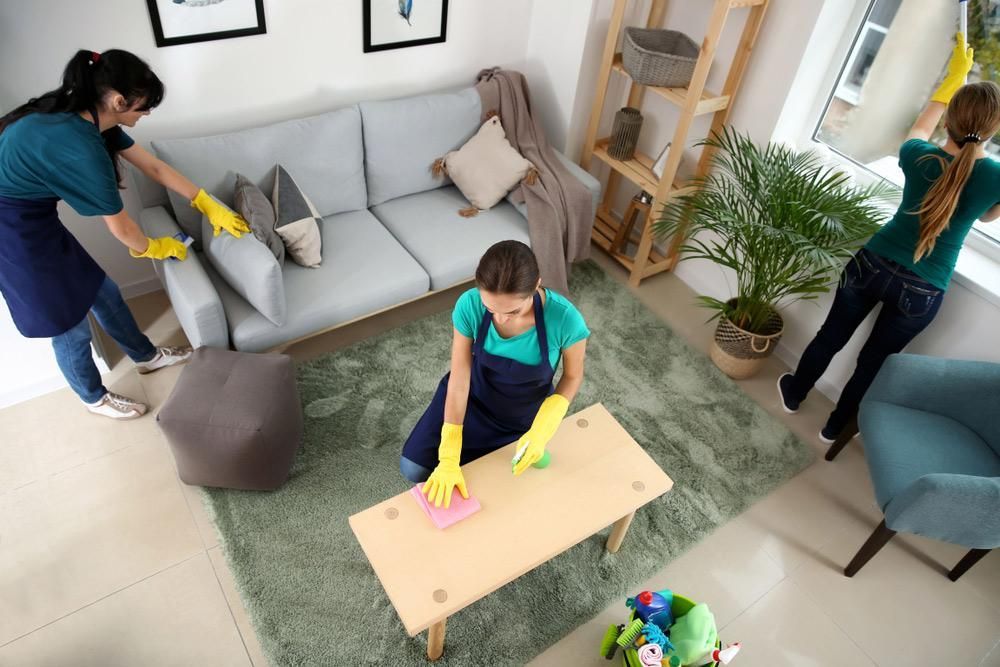 Three Women Are Cleaning A Living Room — Amy's Domestic Agency In Pimlico, QLD