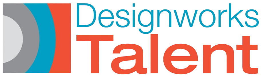 Designworks Talent logo with a layered circle design in gray, blue, and red; text in blue and red.