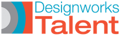 Designworks Talent logo with a layered circle design in gray, blue, and red; text in blue and red.