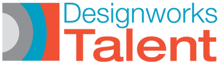 Designworks Talent logo with a layered circle design in gray, blue, and red; text in blue and red.