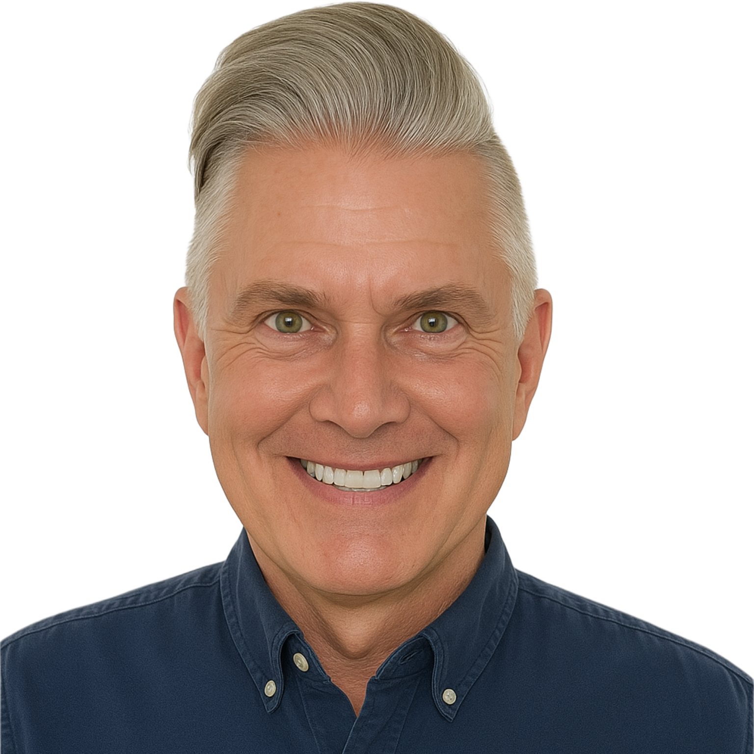 Woman in a navy blazer smiles, looking at the camera. Gray hair, neutral background.