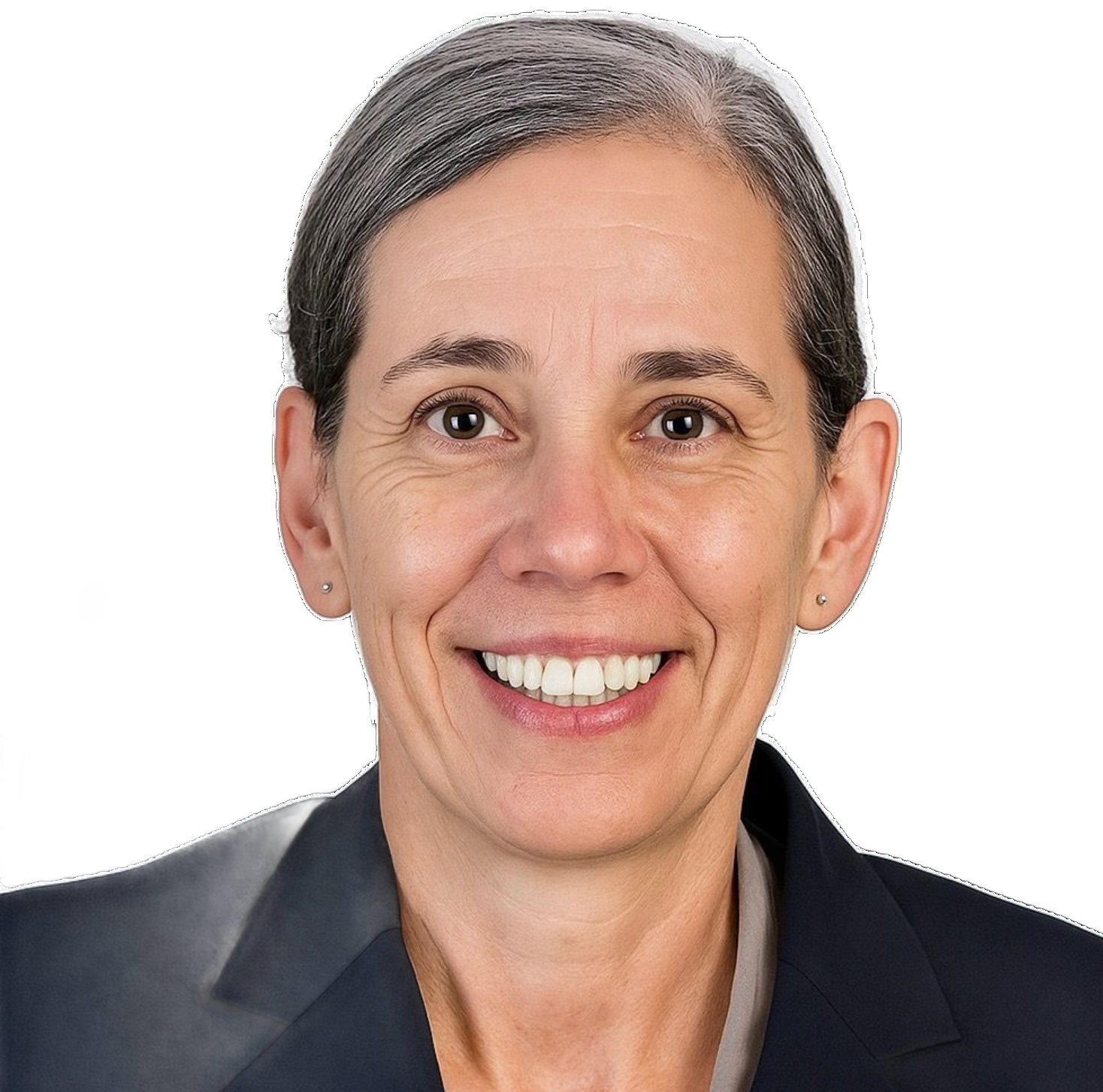 Woman in a navy blazer smiles, looking at the camera. Gray hair, neutral background.