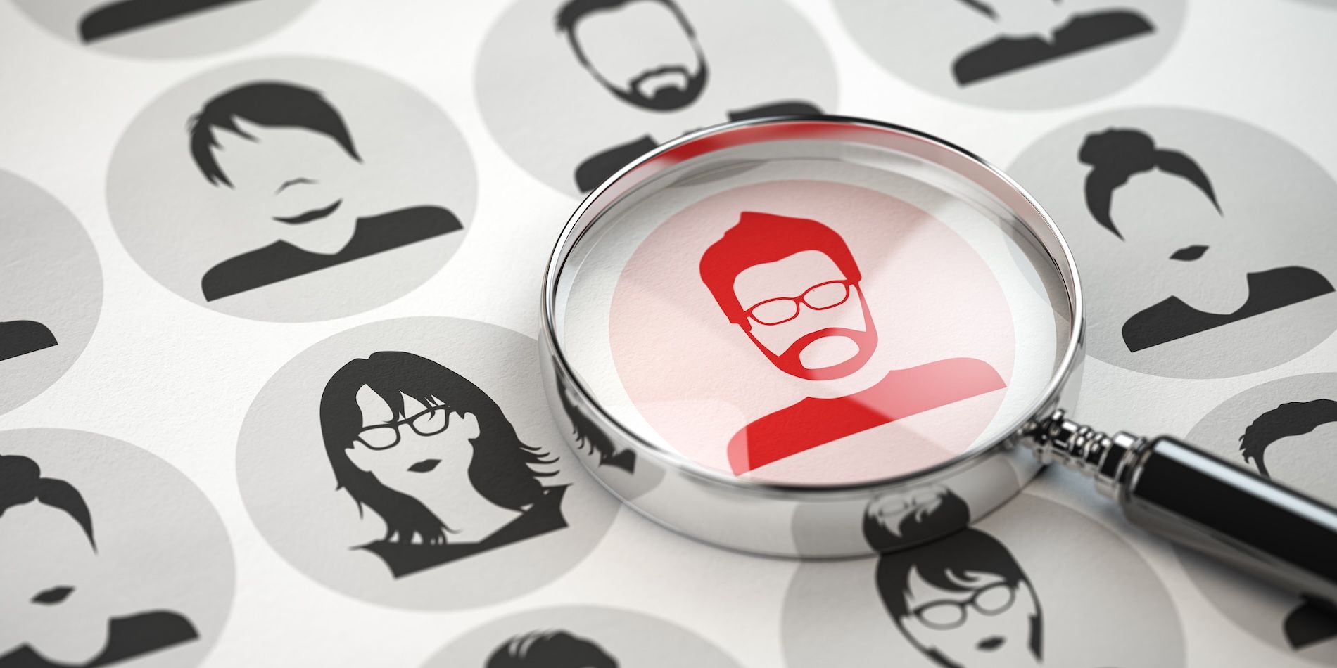 Magnifying glass highlighting a red icon of a bearded man with glasses, surrounded by gray silhouette profiles.
