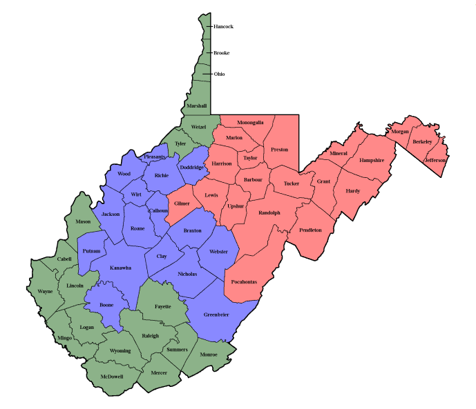 Map of West Virginia divided into three color-coded regions: green, blue, and red, presumably for demographic analysis.