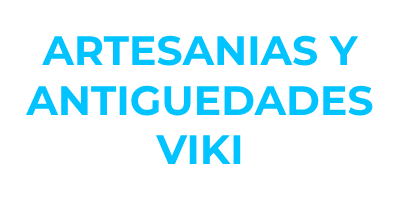 A blue and white logo for artesanias y antiguedades viki