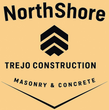 Logo for NorthShore Trejo Construction, featuring a black arrow icon, text, and a V-shaped border on a tan background.