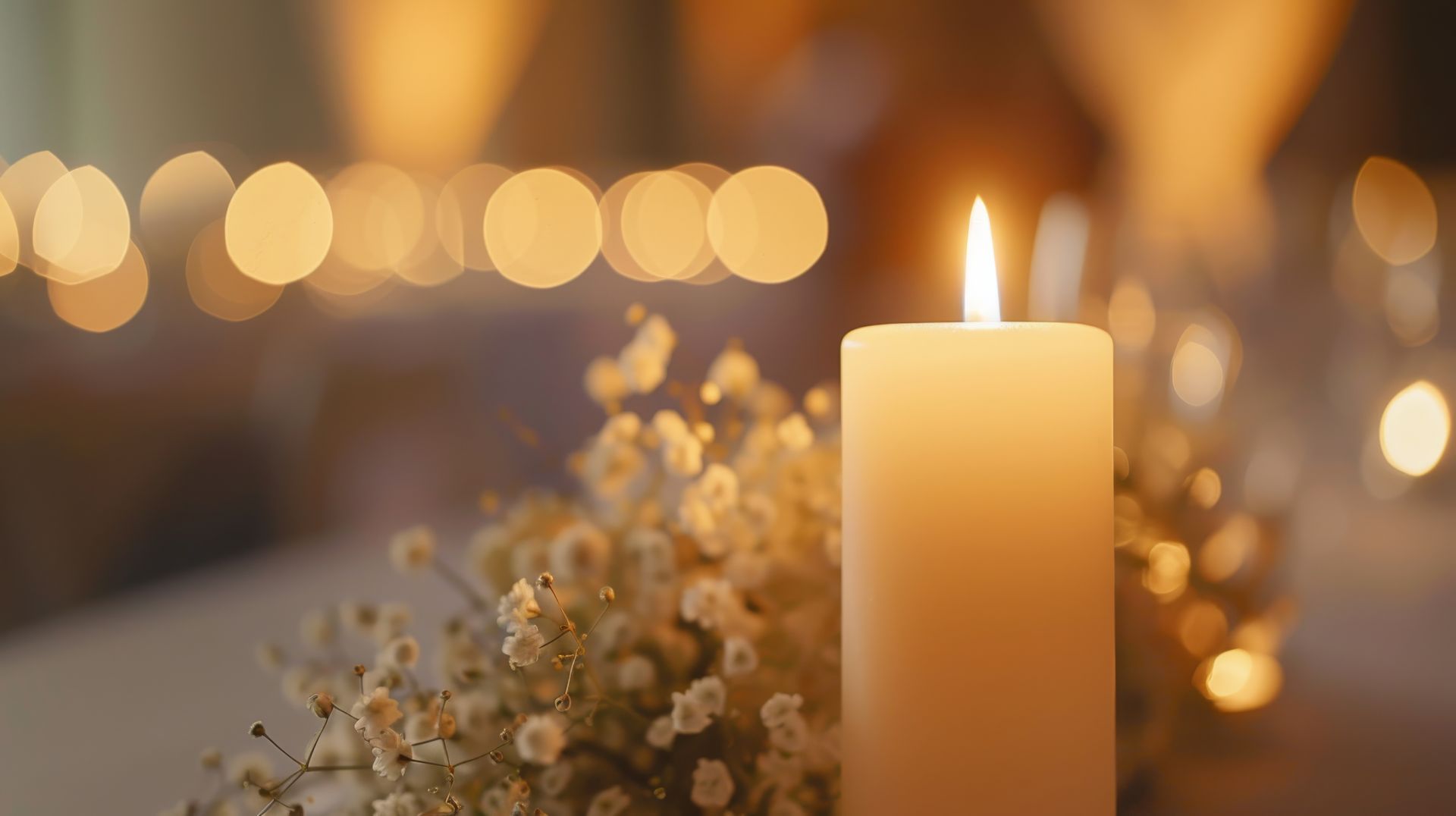 A lit candle is sitting on a table next to baby 's breath.