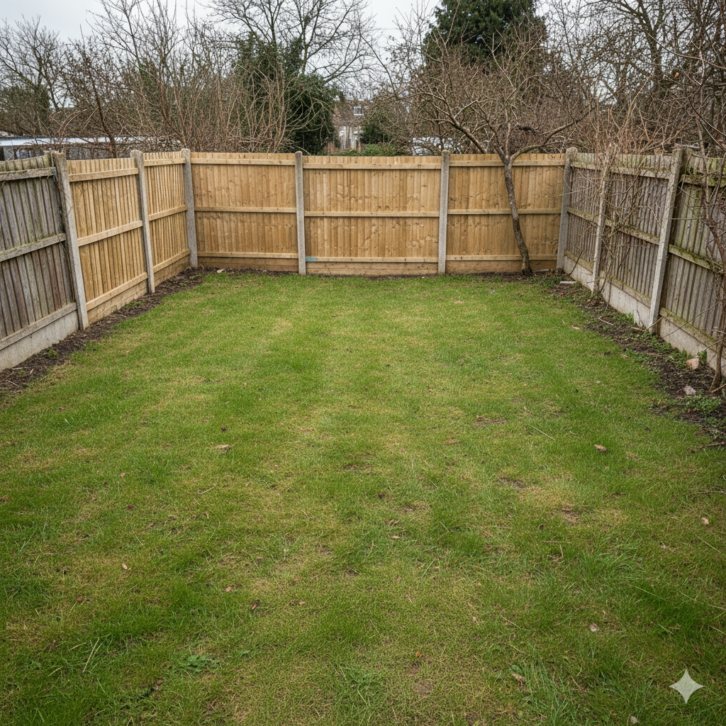 A small, grassy backyard enclosed by wooden fences and some trees.