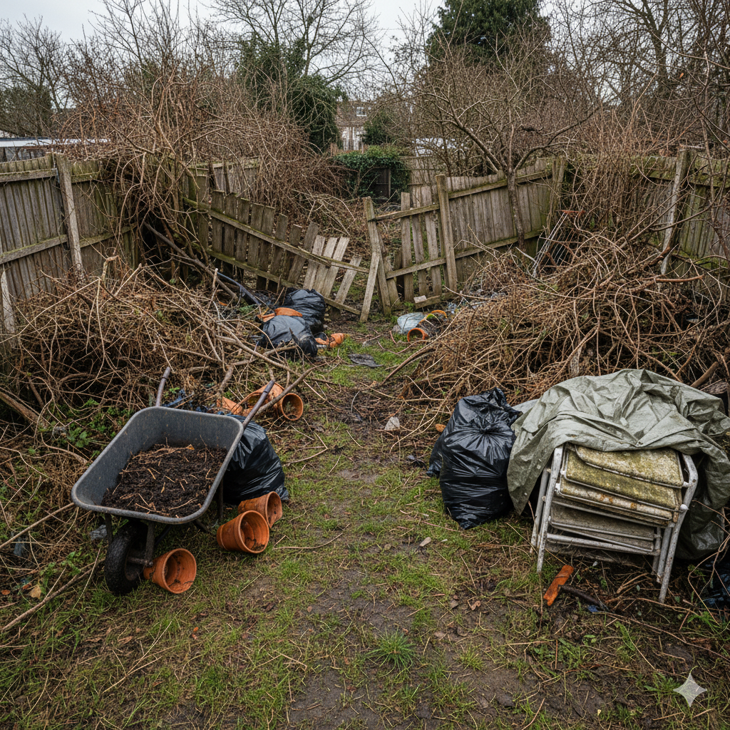 Overgrown backyard with a collapsed fence, debris, and a wheelbarrow filled with dirt.