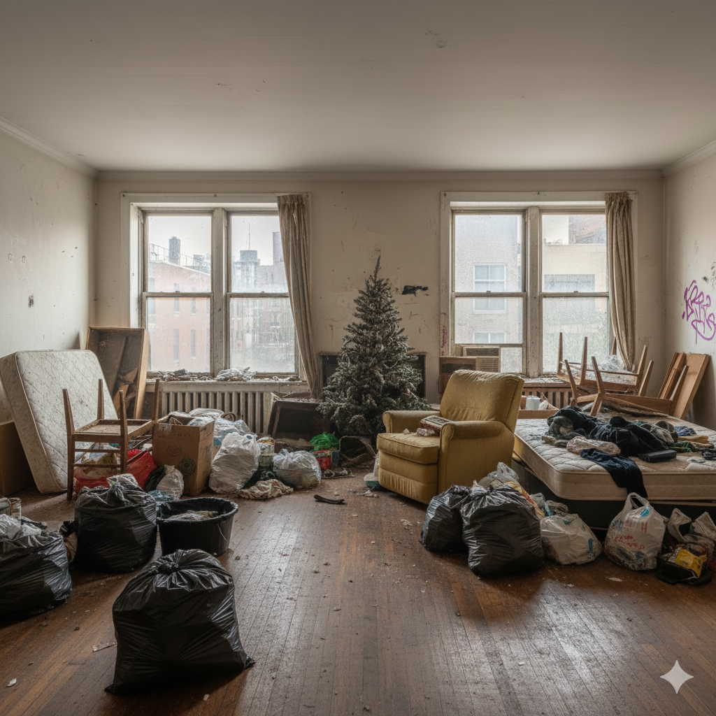 Abandoned room with trash bags, debris, and a Christmas tree near windows.