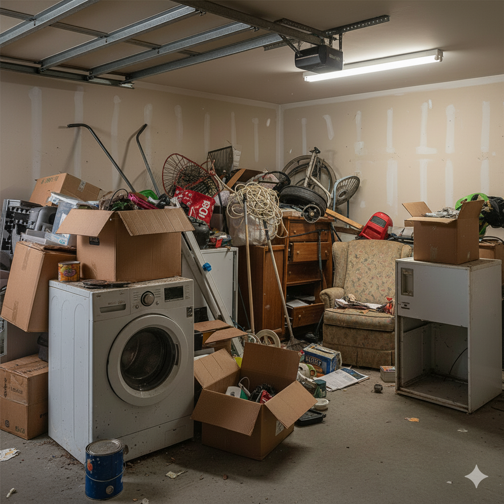 Cluttered garage filled with boxes, appliances, and various items; overhead garage door opener.