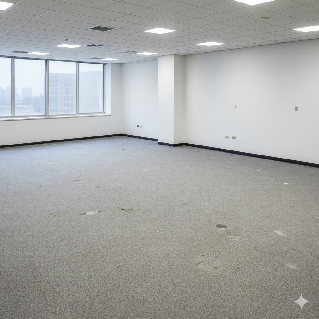Empty office space with gray carpet, white walls, and a window.