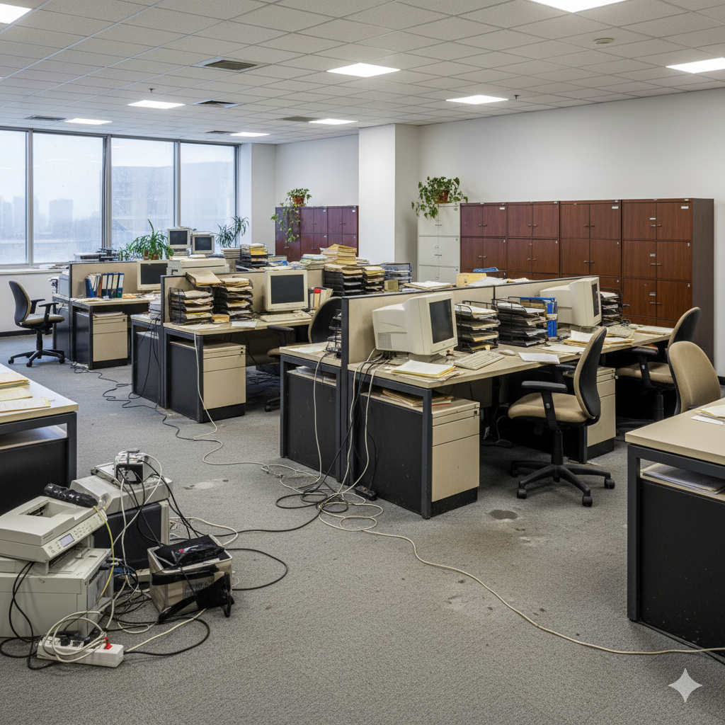 An outdated office with multiple computer desks, cabinets, and a city view through the windows.