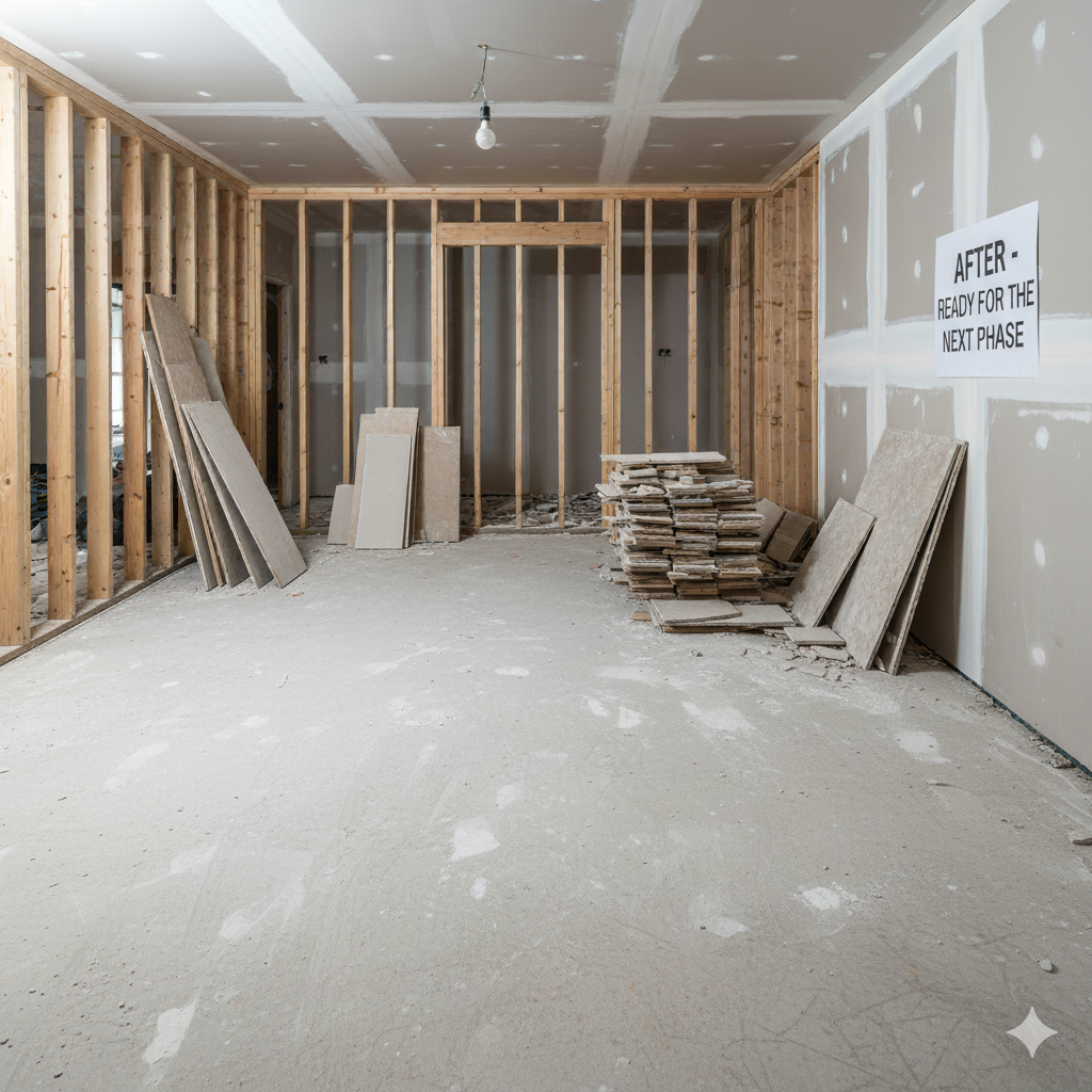 Interior under construction, unfinished walls, drywall, wooden frame, materials on the floor, overhead light.