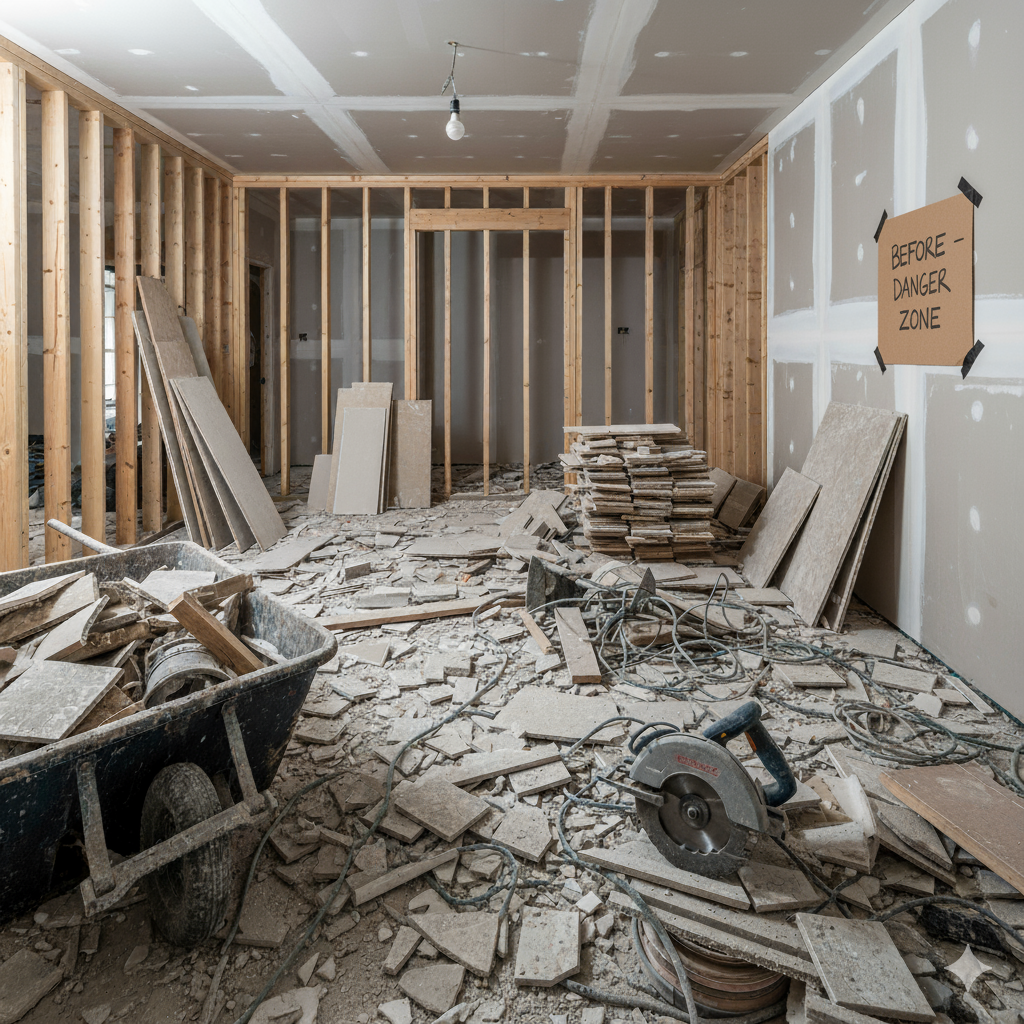 Room under construction: studs, drywall, debris, tools, and a wheelbarrow. 