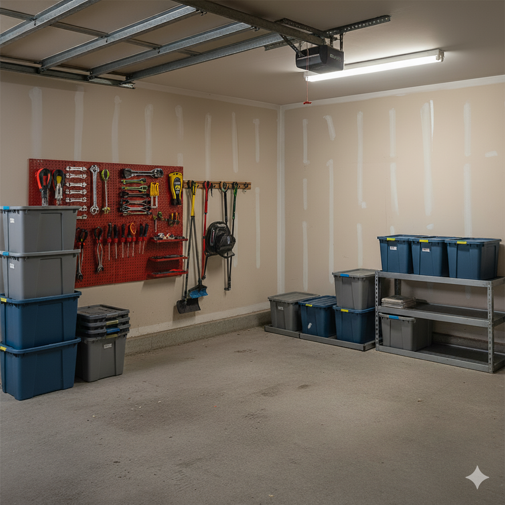 Garage interior with gray and blue storage bins, tool rack, and gray flooring.