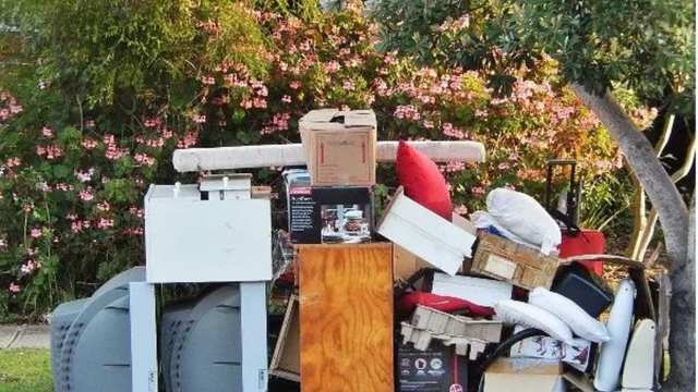 Pile of discarded household items, boxes, and furniture by curb, with flowering bush background.