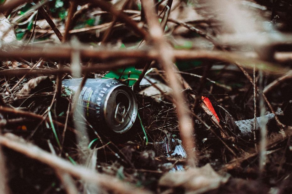 Trash can amongst twigs and dried leaves in a forest.