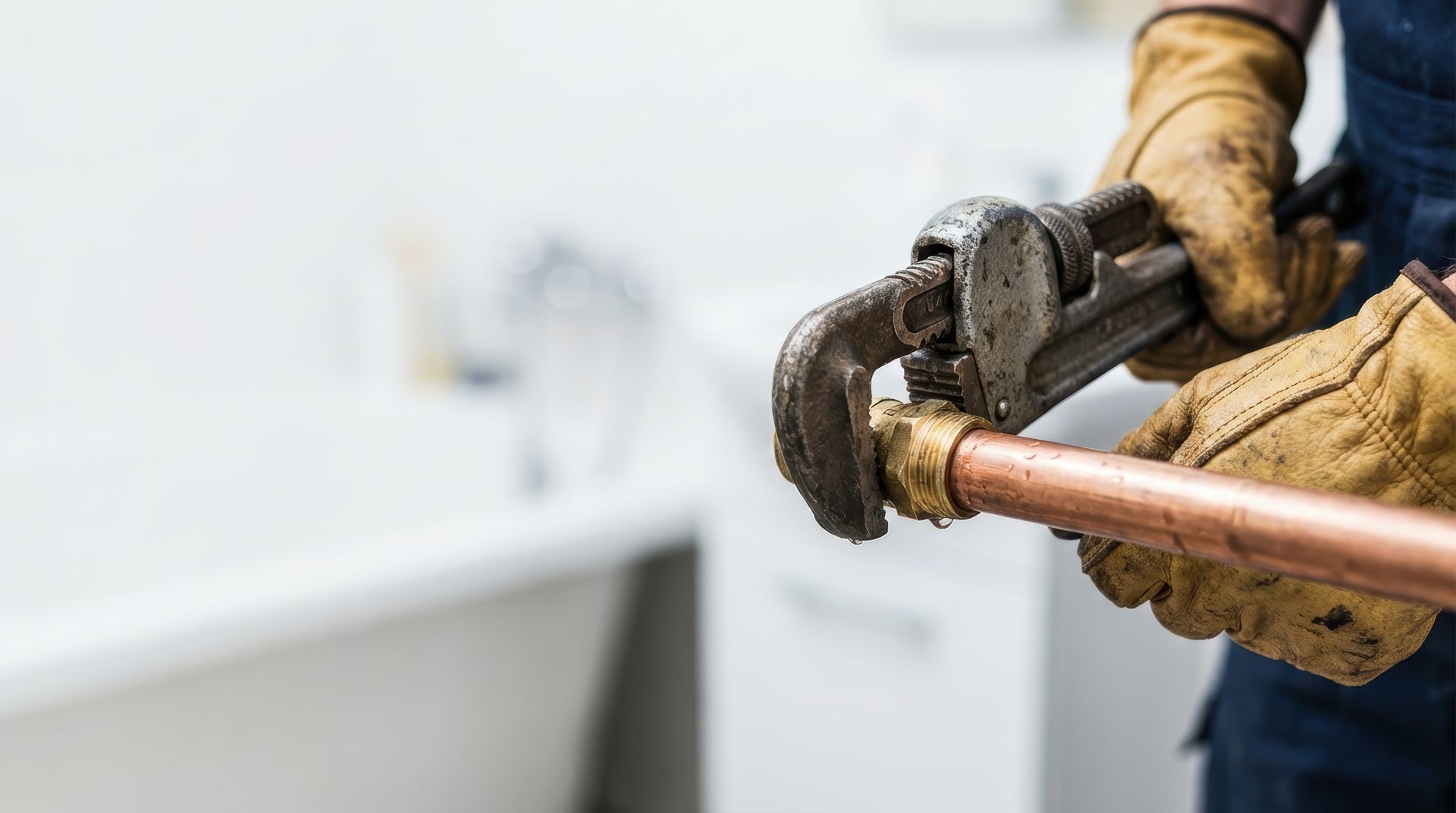 Professional plumbing contractor using a pipe wrench to secure a copper pipe fitting.