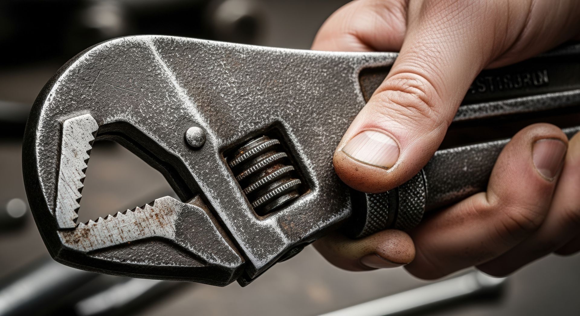 Close-up of a heavy-duty adjustable wrench held by a professional plumbing contractor.