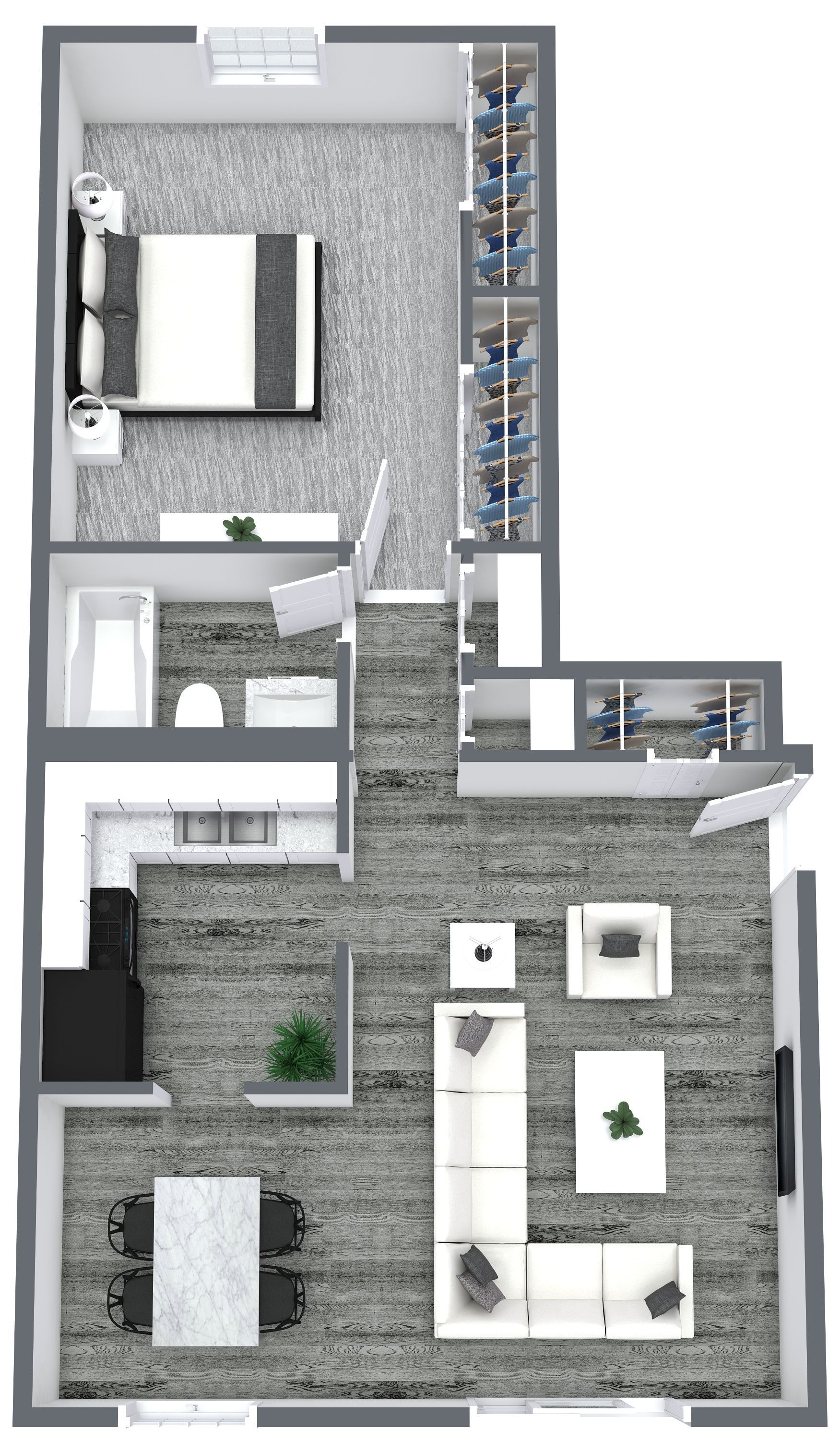 Apartment floor plan: bedroom, bathroom, kitchen, living/dining area, with gray and white decor.
