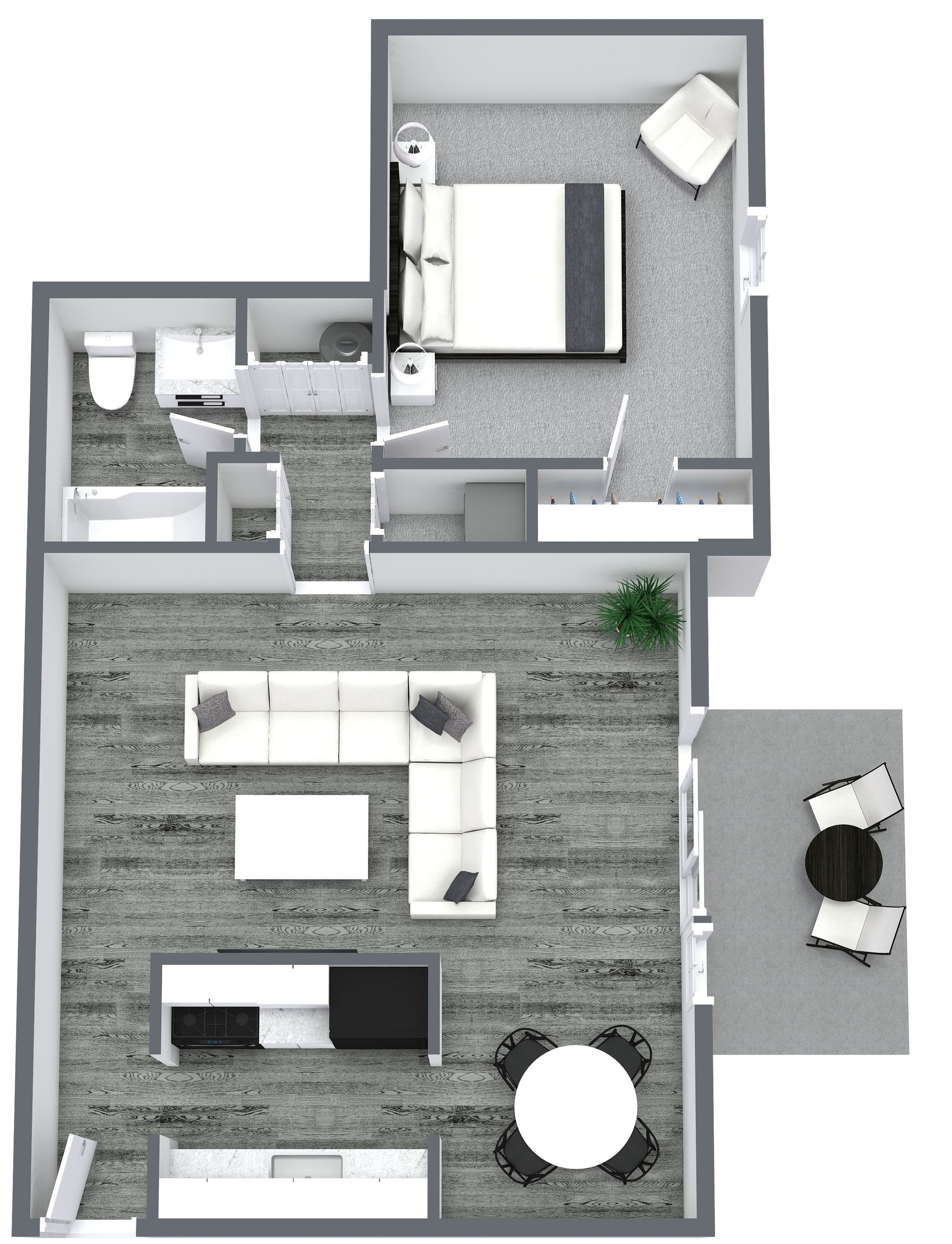 Floor plan of a one-bedroom apartment; shows bedroom, kitchen, living room, and small outdoor seating area.